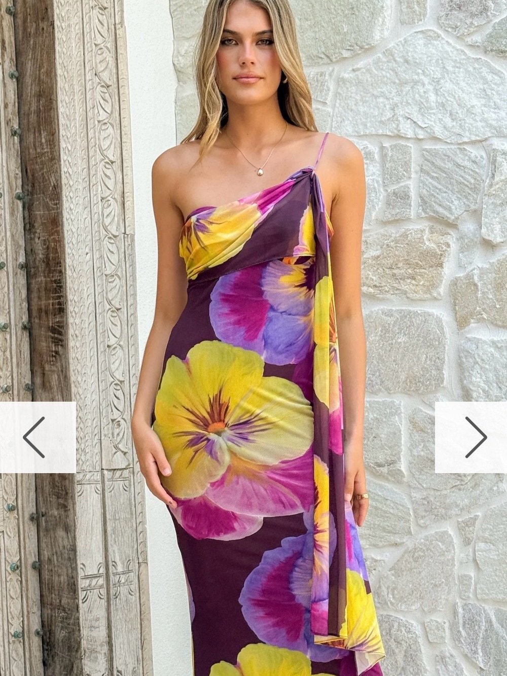 One-Shoulder Floral Maxi Dress in Purple with Yellow Accents